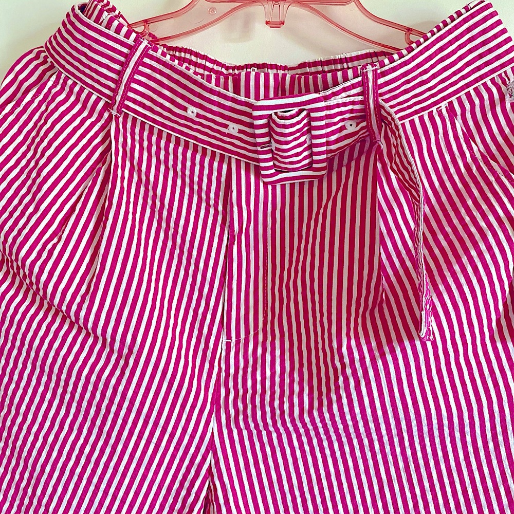 PINK WHITE STRIPED BELTED HIGH RISE SHORTS W/ POCKETS - Picture 6 of 11